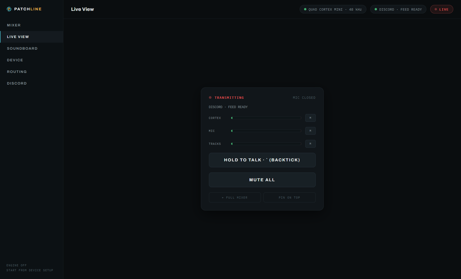 Patchline Live View — compact always-on-top panel with push-to-talk